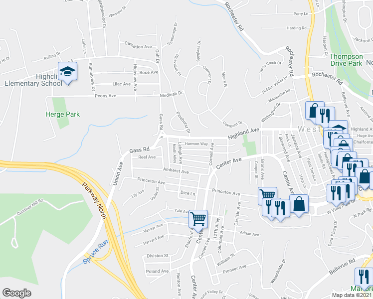 map of restaurants, bars, coffee shops, grocery stores, and more near 168 Georgetown Avenue in West View