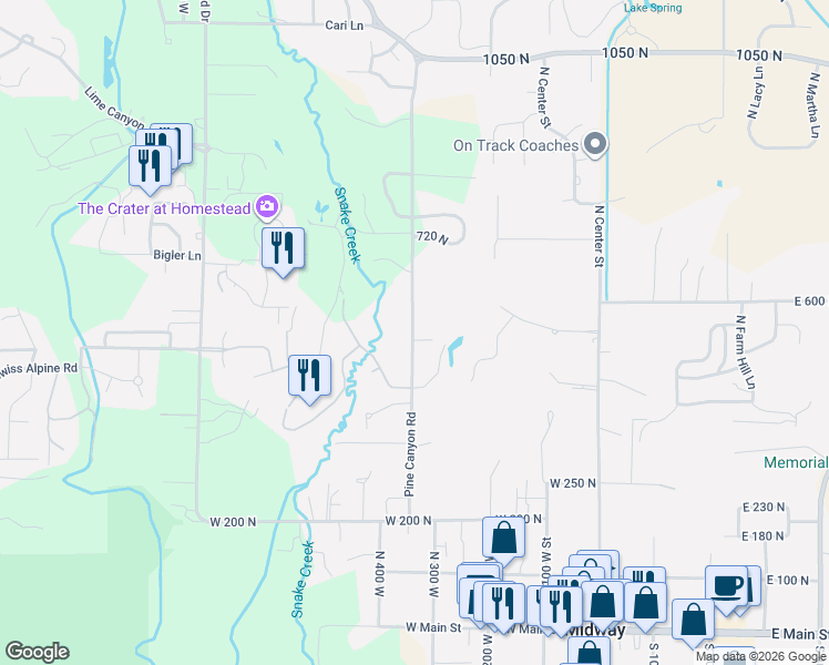 map of restaurants, bars, coffee shops, grocery stores, and more near North Pine Canyon Road in Midway