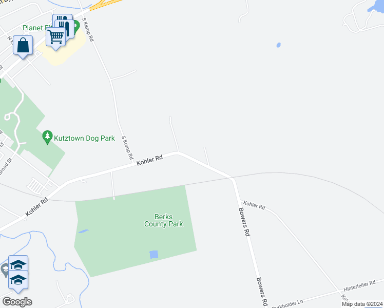 map of restaurants, bars, coffee shops, grocery stores, and more near 213 Kohler Road in Kutztown