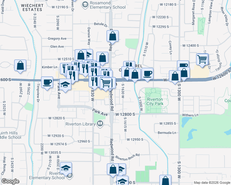 map of restaurants, bars, coffee shops, grocery stores, and more near 12676 South 1630 West in Riverton