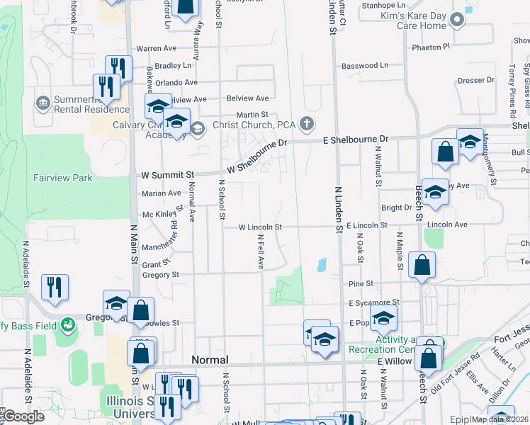 map of restaurants, bars, coffee shops, grocery stores, and more near 1004 North Fell Avenue in Normal