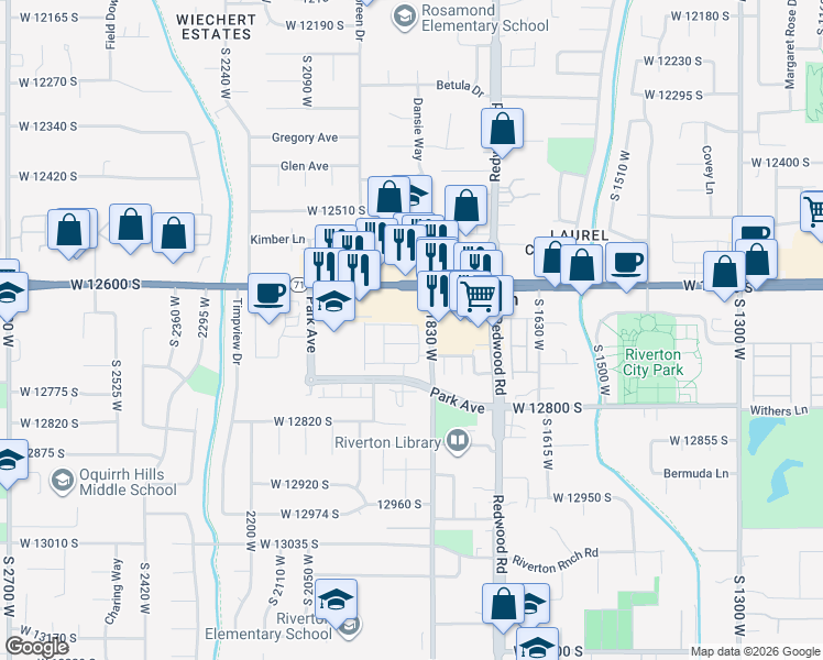 map of restaurants, bars, coffee shops, grocery stores, and more near 1873 Trail Heights Drive in Riverton