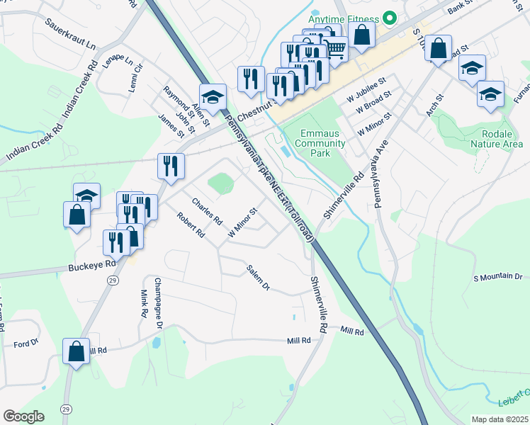 map of restaurants, bars, coffee shops, grocery stores, and more near 211 Calvary Avenue in Emmaus