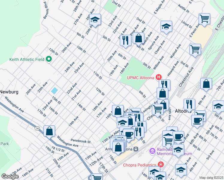 map of restaurants, bars, coffee shops, grocery stores, and more near 1101 18th Avenue in Altoona
