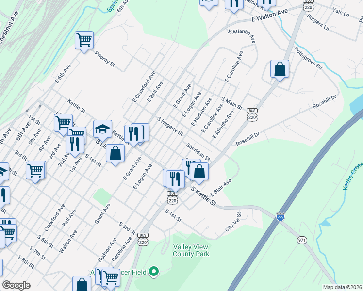 map of restaurants, bars, coffee shops, grocery stores, and more near 417 East Hudson Avenue in Altoona