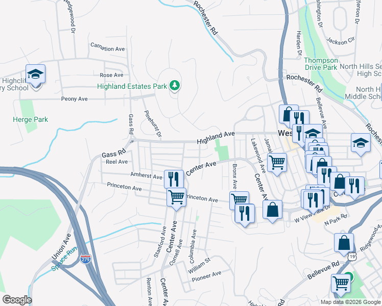 map of restaurants, bars, coffee shops, grocery stores, and more near 114 Georgetown Avenue in Pittsburgh