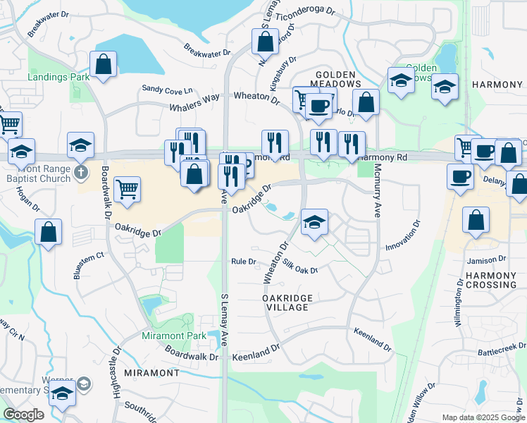 map of restaurants, bars, coffee shops, grocery stores, and more near 1127 Oakridge Drive in Fort Collins