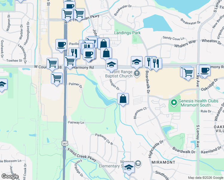 map of restaurants, bars, coffee shops, grocery stores, and more near 4780 Venturi Lane in Fort Collins