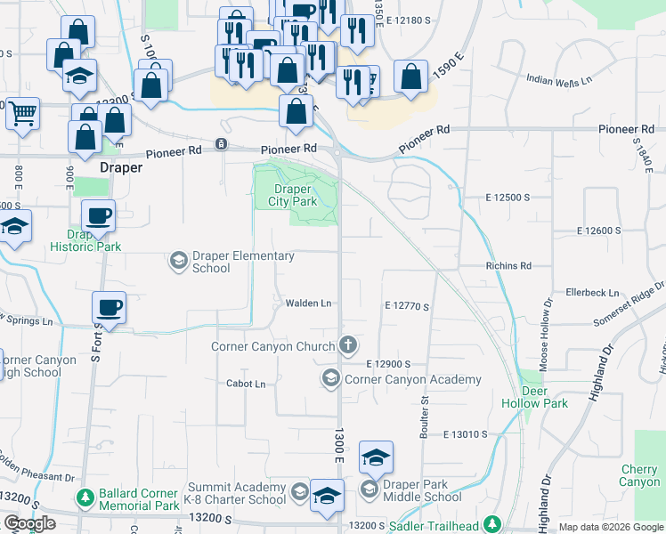 map of restaurants, bars, coffee shops, grocery stores, and more near 12680 South 1300 East in Draper