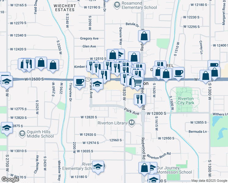 map of restaurants, bars, coffee shops, grocery stores, and more near 1867 Trail Heights Drive in Riverton