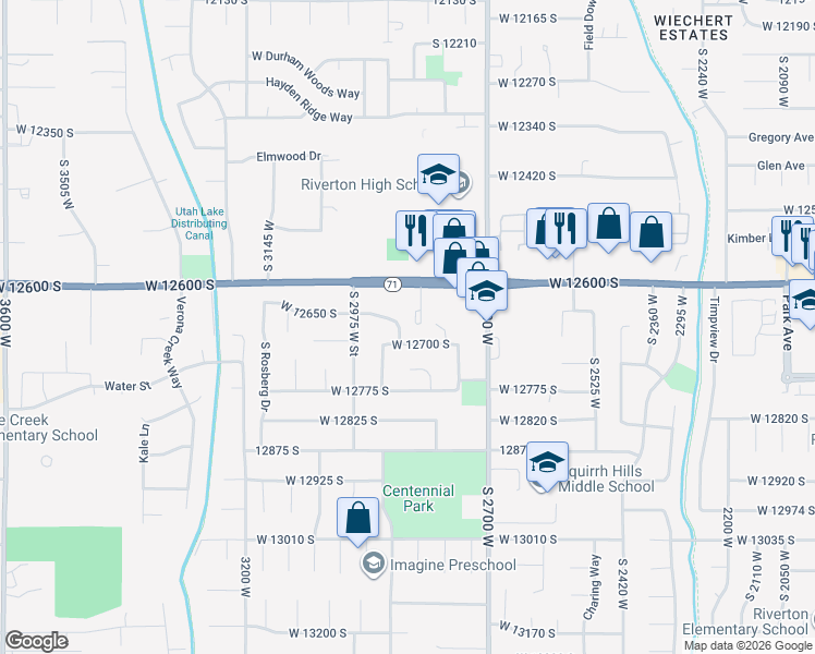 map of restaurants, bars, coffee shops, grocery stores, and more near 12672 Martinez Way in Riverton