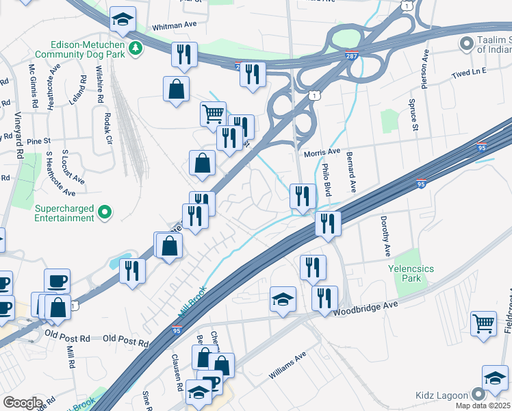 map of restaurants, bars, coffee shops, grocery stores, and more near 801 Edison Glen Terrace in Edison
