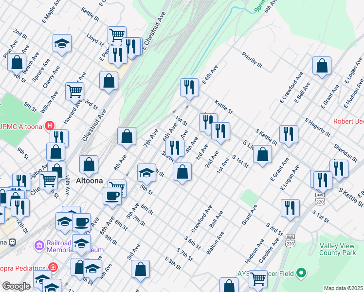 map of restaurants, bars, coffee shops, grocery stores, and more near 205-07 5th Avenue in Altoona