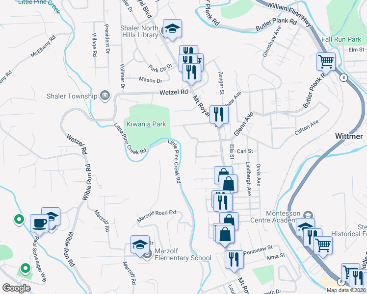 map of restaurants, bars, coffee shops, grocery stores, and more near 730 Little Pine Creek Road in Pittsburgh