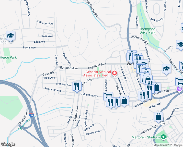 map of restaurants, bars, coffee shops, grocery stores, and more near 84 Georgetown Avenue in Pittsburgh
