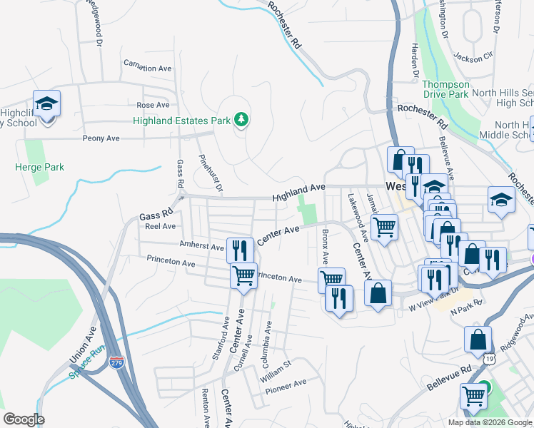 map of restaurants, bars, coffee shops, grocery stores, and more near 114 Georgetown Avenue in Pittsburgh