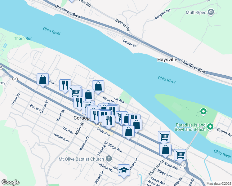 map of restaurants, bars, coffee shops, grocery stores, and more near 933 1st Avenue in Coraopolis