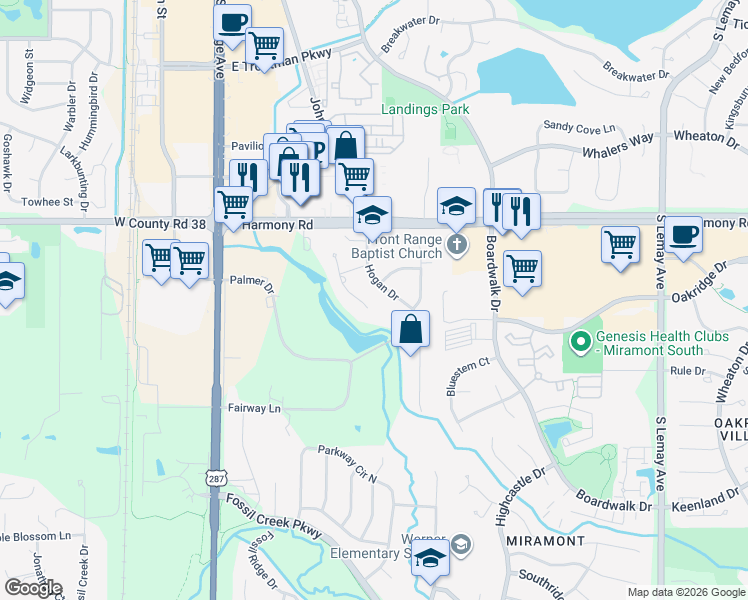 map of restaurants, bars, coffee shops, grocery stores, and more near 4780 Venturi Lane in Fort Collins