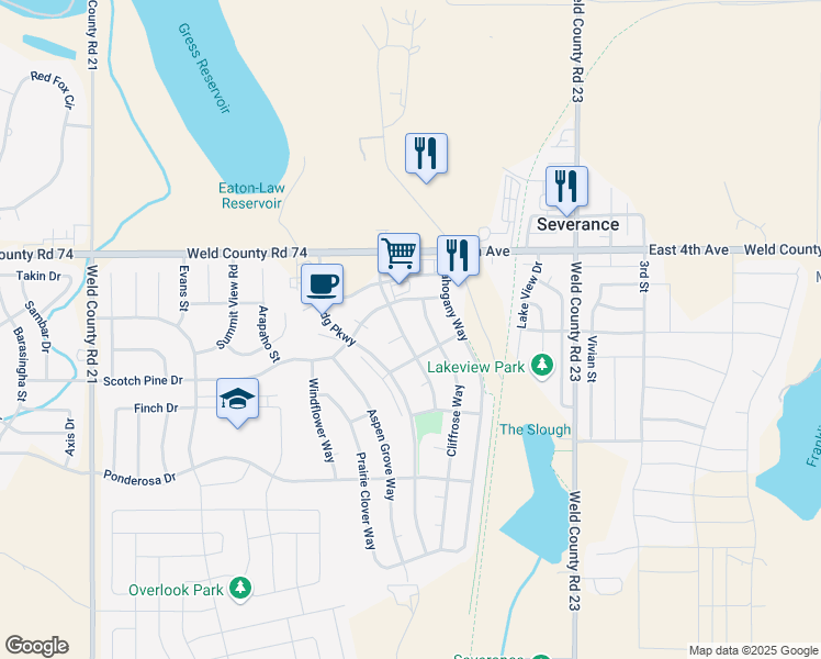 map of restaurants, bars, coffee shops, grocery stores, and more near 632 Foxtail Way in Severance
