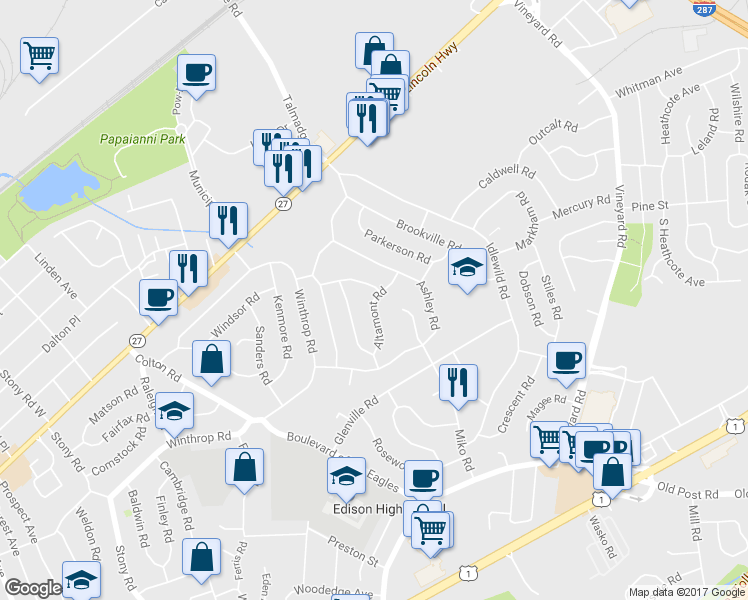 map of restaurants, bars, coffee shops, grocery stores, and more near 12 Altamont Road in Edison