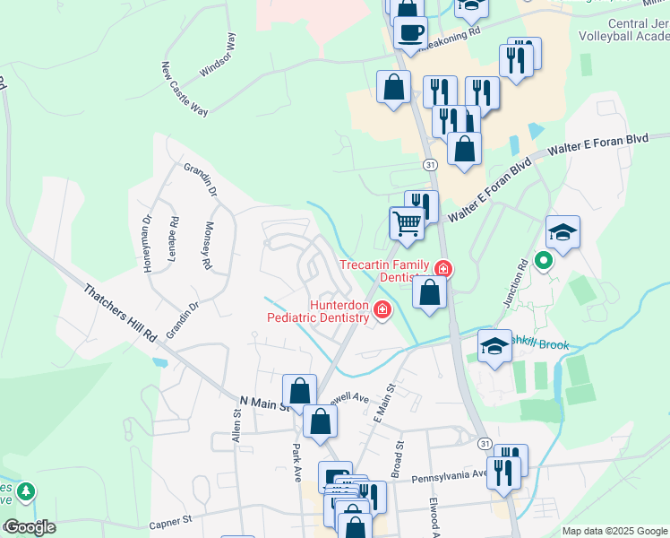 map of restaurants, bars, coffee shops, grocery stores, and more near 18 Cummington Lane in Flemington