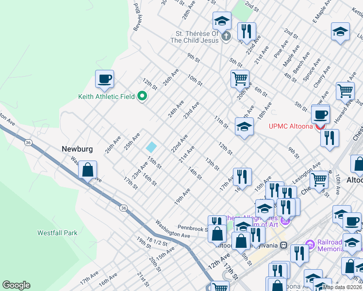 map of restaurants, bars, coffee shops, grocery stores, and more near 1316 22nd Avenue in Altoona