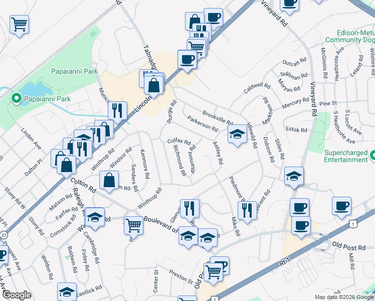 map of restaurants, bars, coffee shops, grocery stores, and more near 12 Altamont Road in Edison