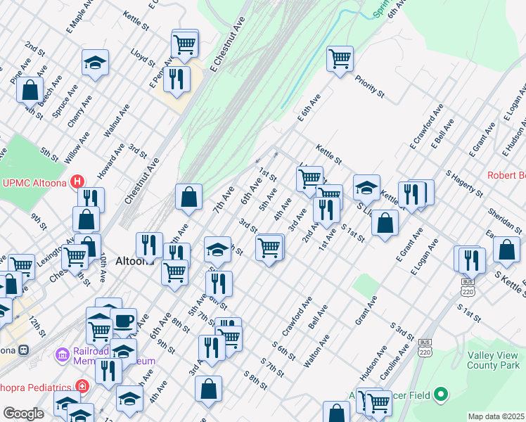 map of restaurants, bars, coffee shops, grocery stores, and more near 205-07 5th Avenue in Altoona