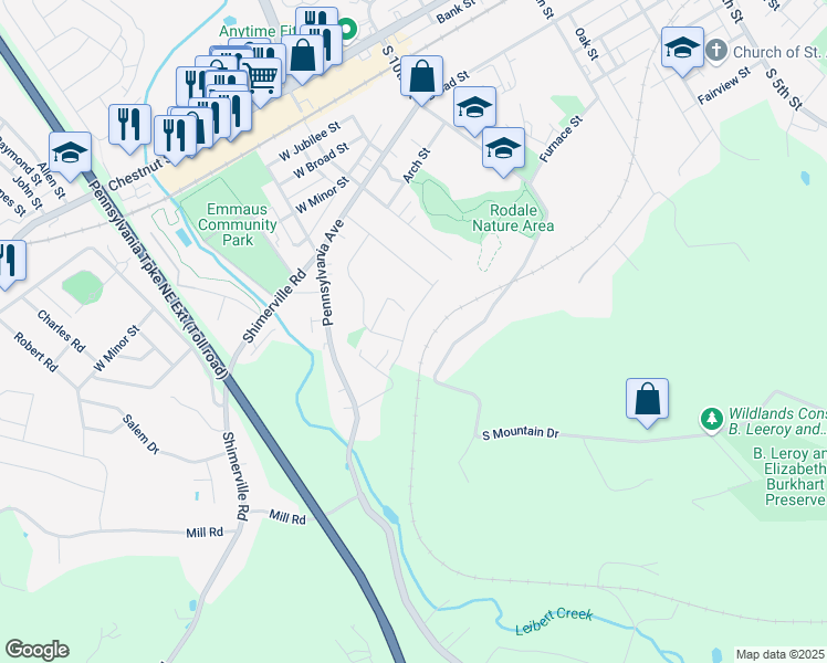 map of restaurants, bars, coffee shops, grocery stores, and more near 1264 Tilghman Street in Emmaus