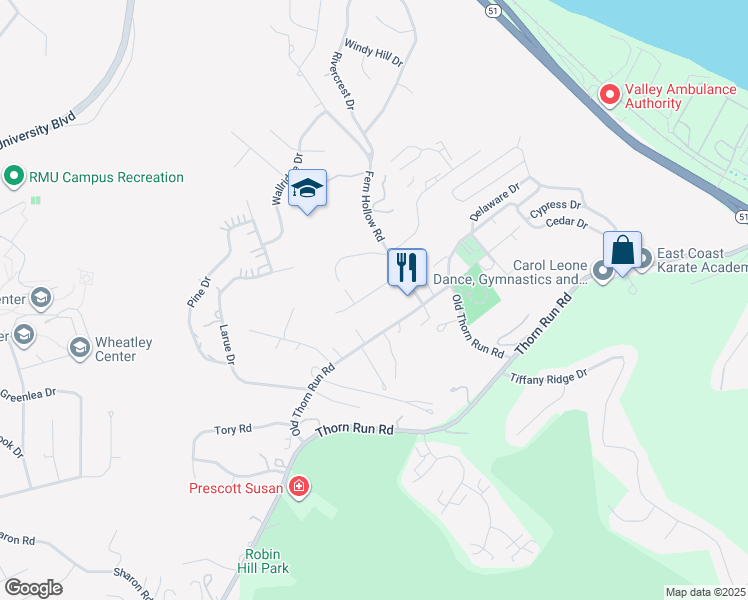 map of restaurants, bars, coffee shops, grocery stores, and more near 107 Fernvue Drive in Coraopolis