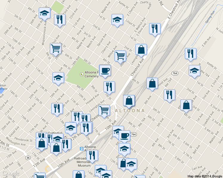map of restaurants, bars, coffee shops, grocery stores, and more near 601-25 Howard Avenue in Altoona