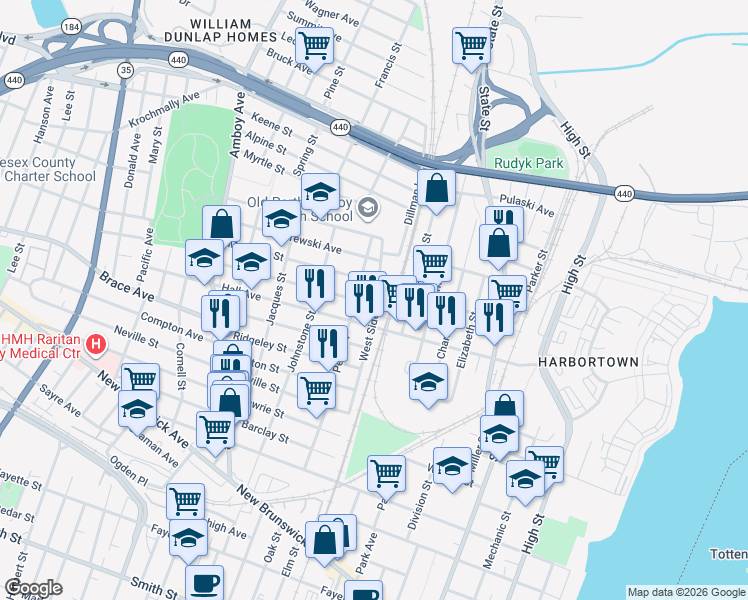 map of restaurants, bars, coffee shops, grocery stores, and more near 649 West Side Avenue in Perth Amboy