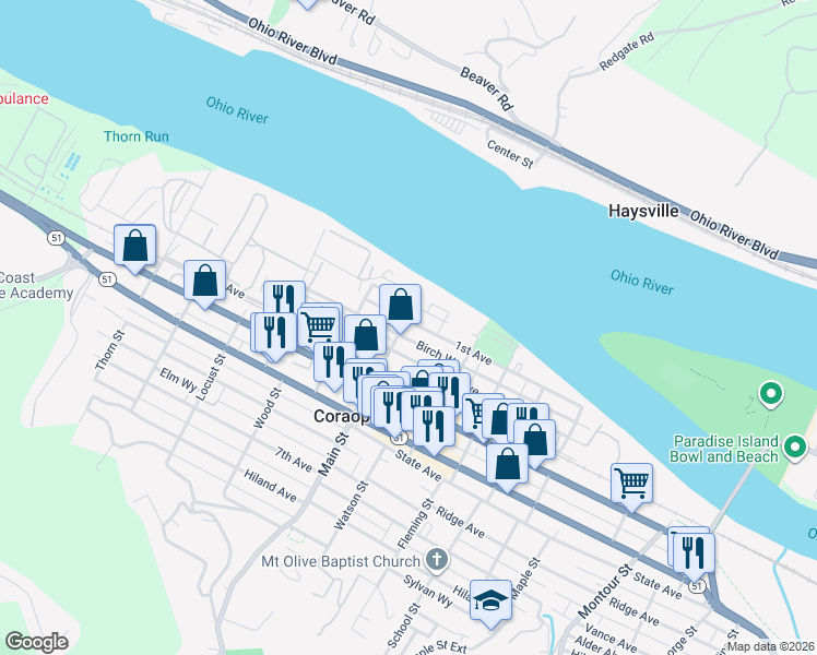 map of restaurants, bars, coffee shops, grocery stores, and more near 904 1st Avenue in Coraopolis