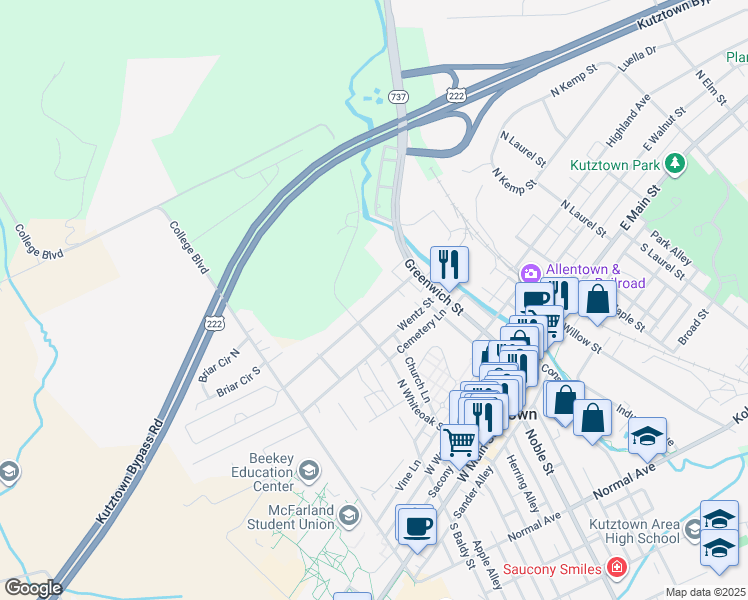 map of restaurants, bars, coffee shops, grocery stores, and more near 221 Fairview Drive in Kutztown