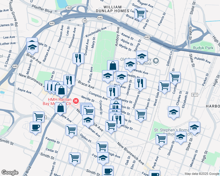 map of restaurants, bars, coffee shops, grocery stores, and more near 426 Brace Avenue in Perth Amboy