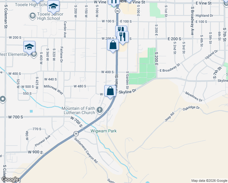 map of restaurants, bars, coffee shops, grocery stores, and more near 494 Utah 36 in Tooele