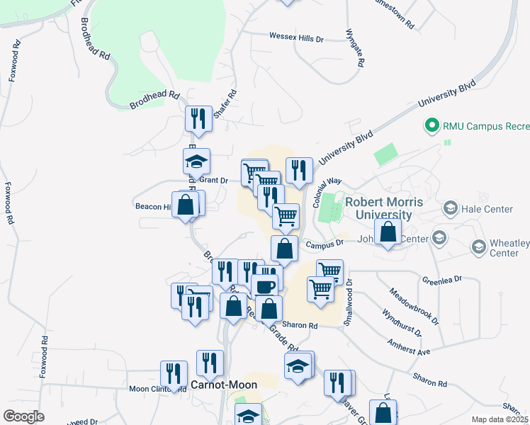 map of restaurants, bars, coffee shops, grocery stores, and more near 5990 University Boulevard in Carnot-Moon
