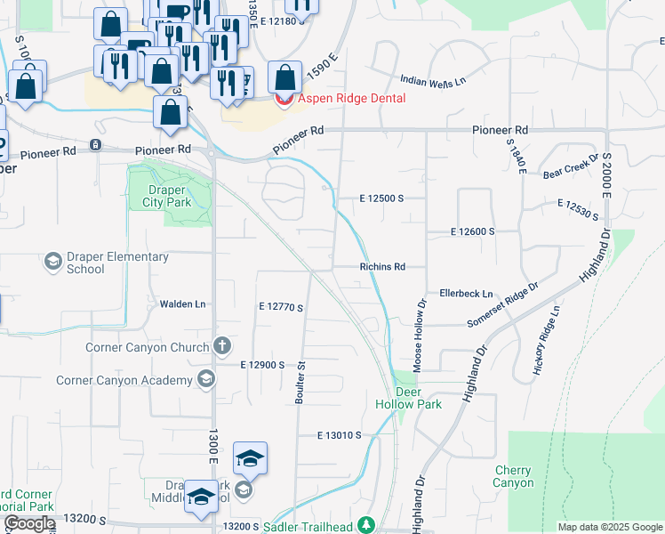 map of restaurants, bars, coffee shops, grocery stores, and more near South Relation Street in Draper