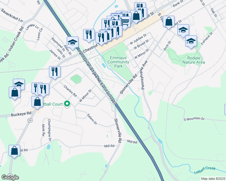 map of restaurants, bars, coffee shops, grocery stores, and more near 1540 Pine Top Circle in Emmaus