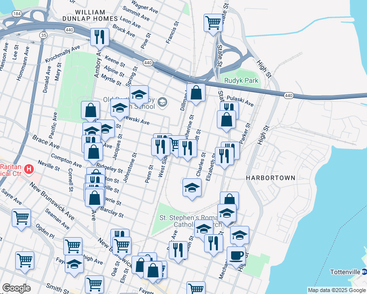 map of restaurants, bars, coffee shops, grocery stores, and more near 663 Catherine Street in Perth Amboy