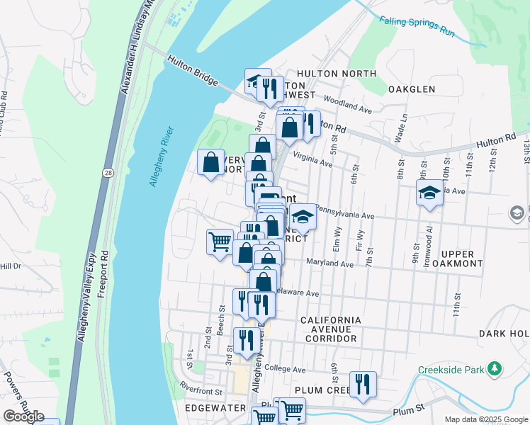 map of restaurants, bars, coffee shops, grocery stores, and more near Allegheny Avenue in Oakmont