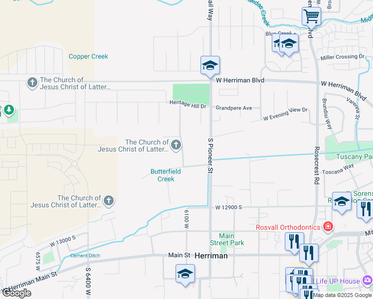 map of restaurants, bars, coffee shops, grocery stores, and more near 12673 Starlite Hill Lane in Herriman