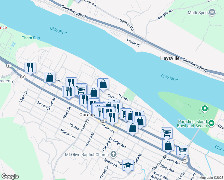map of restaurants, bars, coffee shops, grocery stores, and more near 927 1st Avenue in Coraopolis