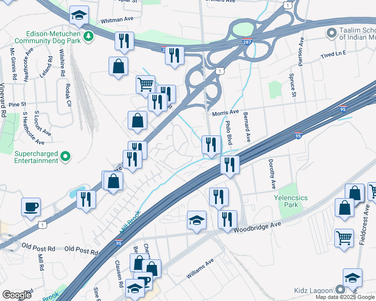 map of restaurants, bars, coffee shops, grocery stores, and more near 1208 Edison Glen Terrace in Edison