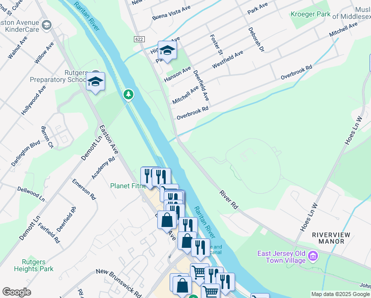 map of restaurants, bars, coffee shops, grocery stores, and more near 909 River Road in Piscataway Township