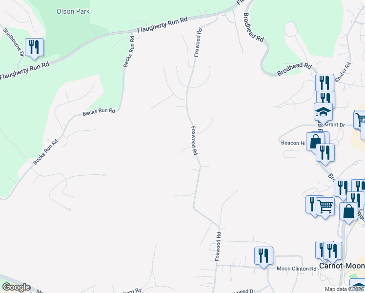 map of restaurants, bars, coffee shops, grocery stores, and more near 305 Grampion Circle in Coraopolis