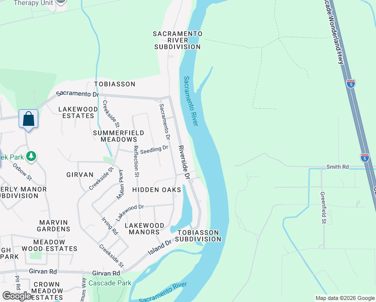 map of restaurants, bars, coffee shops, grocery stores, and more near 6661 Riverside Drive in Redding
