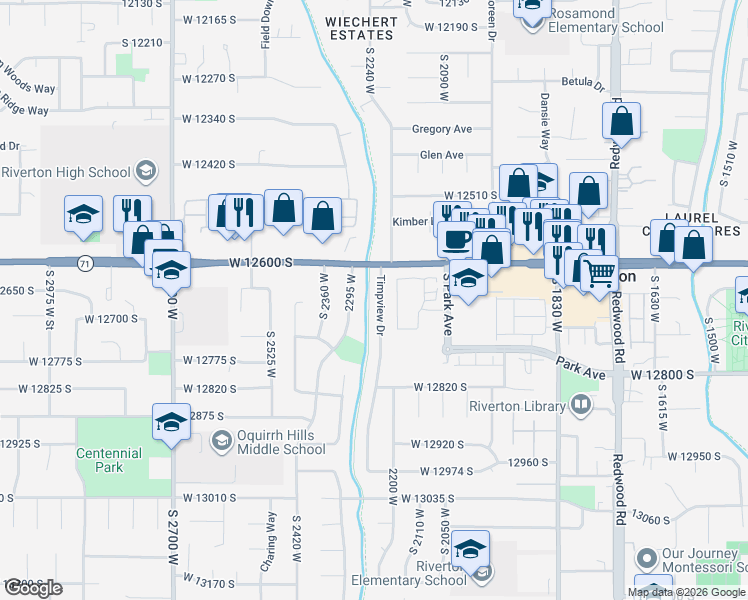 map of restaurants, bars, coffee shops, grocery stores, and more near 12679 South 2295 West in Riverton