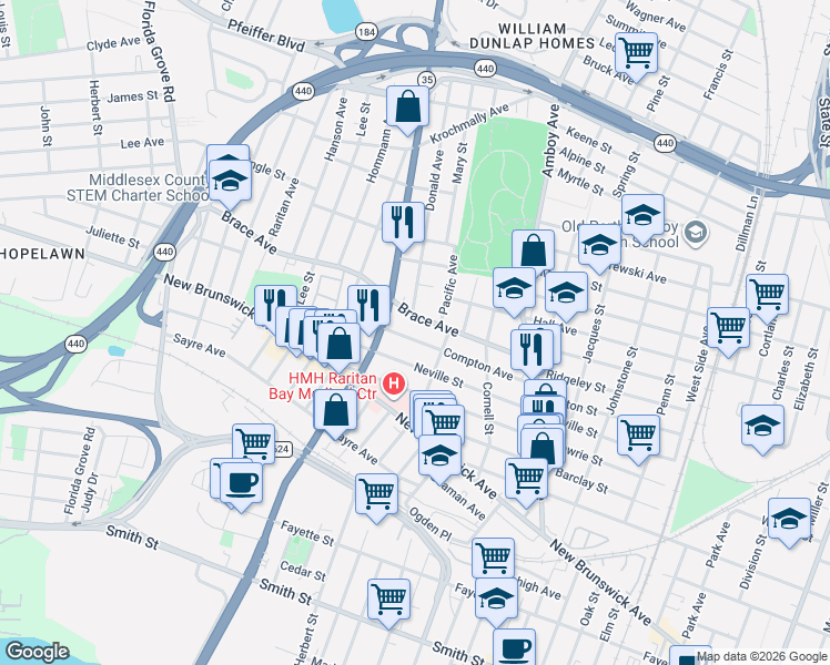 map of restaurants, bars, coffee shops, grocery stores, and more near 490 Compton Avenue in Perth Amboy