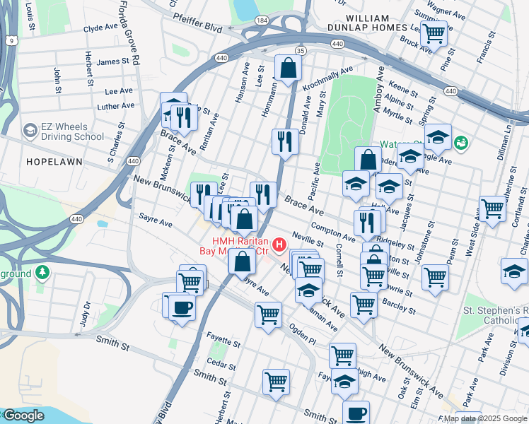 map of restaurants, bars, coffee shops, grocery stores, and more near 520 Convery Boulevard in Perth Amboy